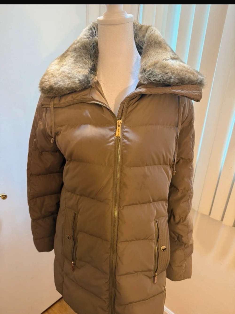 Michael Kors Tan Quilted Puffer Coat with Faux Fur Collar